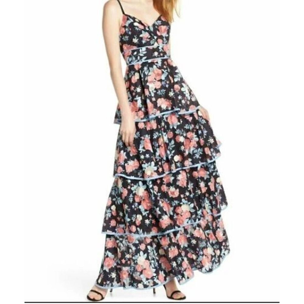NWT Foxiedox Darlene Ruffle Tiered Floral Print Keyhole Bodice Maxi Formal Dress